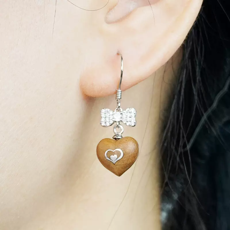 老山檀香手工镶银两心相悦耳环汉服配饰耳饰轻奢高级感S925耳钩