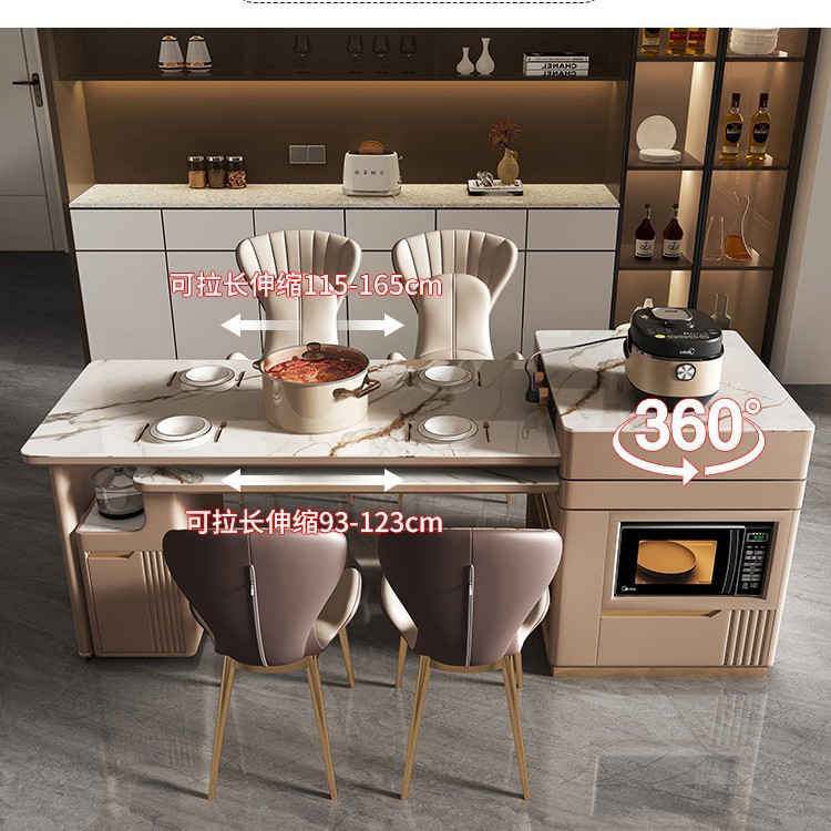 Mesa de mesa de isla de losa de lujo ligero, mesa de comedor, mesa de té giratoria retráctil integrada, mesa de té con cocina de inducción, barra de cocina, mesa de guía y mesa de comedor