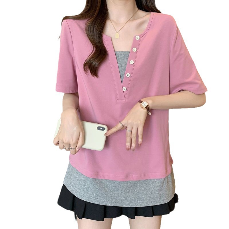 Diseño de nicho sentido falso camiseta de manga corta de dos piezas para mujer primavera y verano nuevo top de reducción de edad de gran tamaño suelto de longitud media image 6