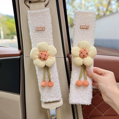 Made of Lamb Wool, Non-Tightening, Non-Shedding, Seat belt shoulder pad - light-yellow-sunflower-white-lambskin-shoulder-pads-30cm-pair