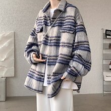条纹格子毛呢小香风外套男秋冬加厚痞帅美式衬衫式工装飞行夹克男