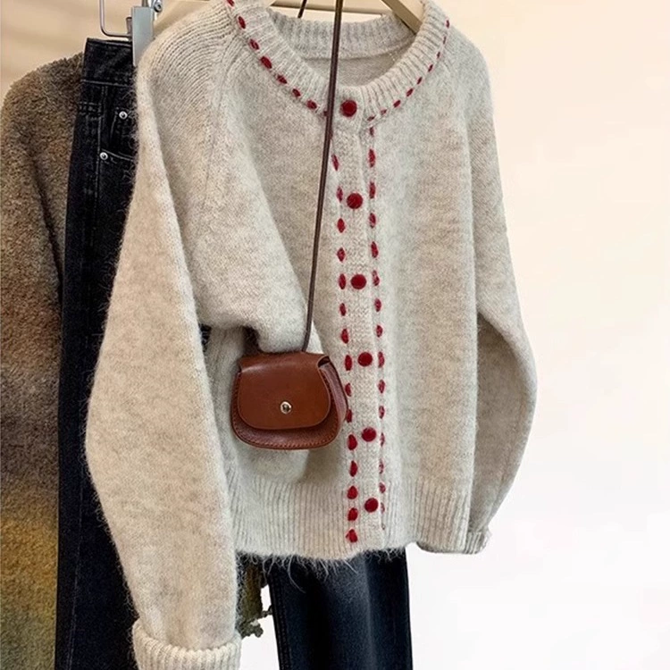 Spring retro knitted cardigan, sweater, jacket, round collar