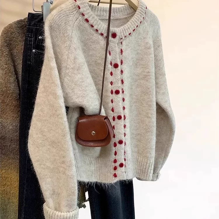 Spring retro knitted cardigan, sweater, jacket, round collar
