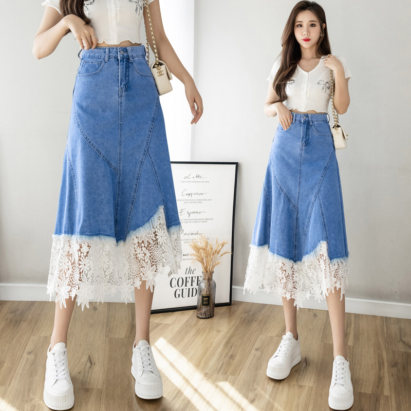 Lace long denim skirt, suitable for spring and autumn, 2026 years, high waist, western style, A-line