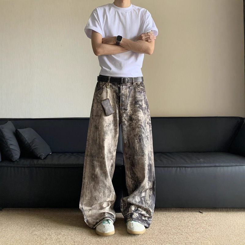 American-Style 3D Digital Camouflage Print Denim Pants for Men, New Summer Style, Loose Fit, Distressed Low-Waist Wide-Leg Casual Pants