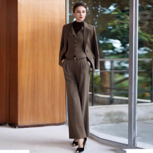 AD秋冬棕色羊毛西装套装女2025新款高级感毛呢外套时尚马甲三件套