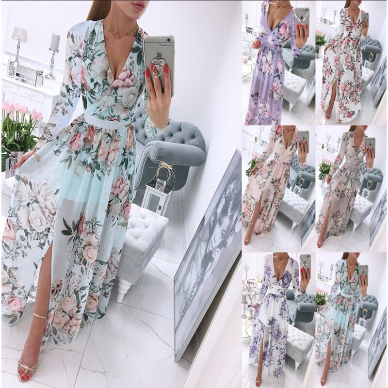 2024 Independent Station wish Amazon New Summer Long Sleeve V-neck Chiffon Printed Bohemian dress Women