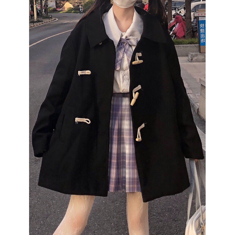 Horns button woolen coat female student small Japanese woolen coat 2022 new autumn and winter long