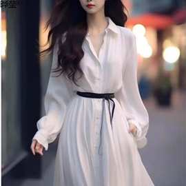 2024年新款女春装搭配一整套时尚衬衫法式长裙海边度假白色连衣晔
