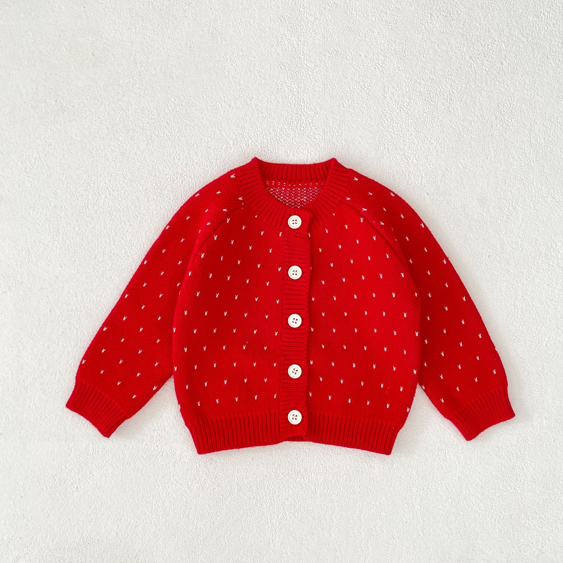 Autumn Children's Fashionable Sweet Baby Girl's Jacquard Red Knitted Coat Cardigan