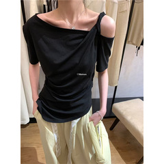 1*1莫代尔设计感小众露肩T恤女2025夏季新款短袖斜边显瘦休闲上衣