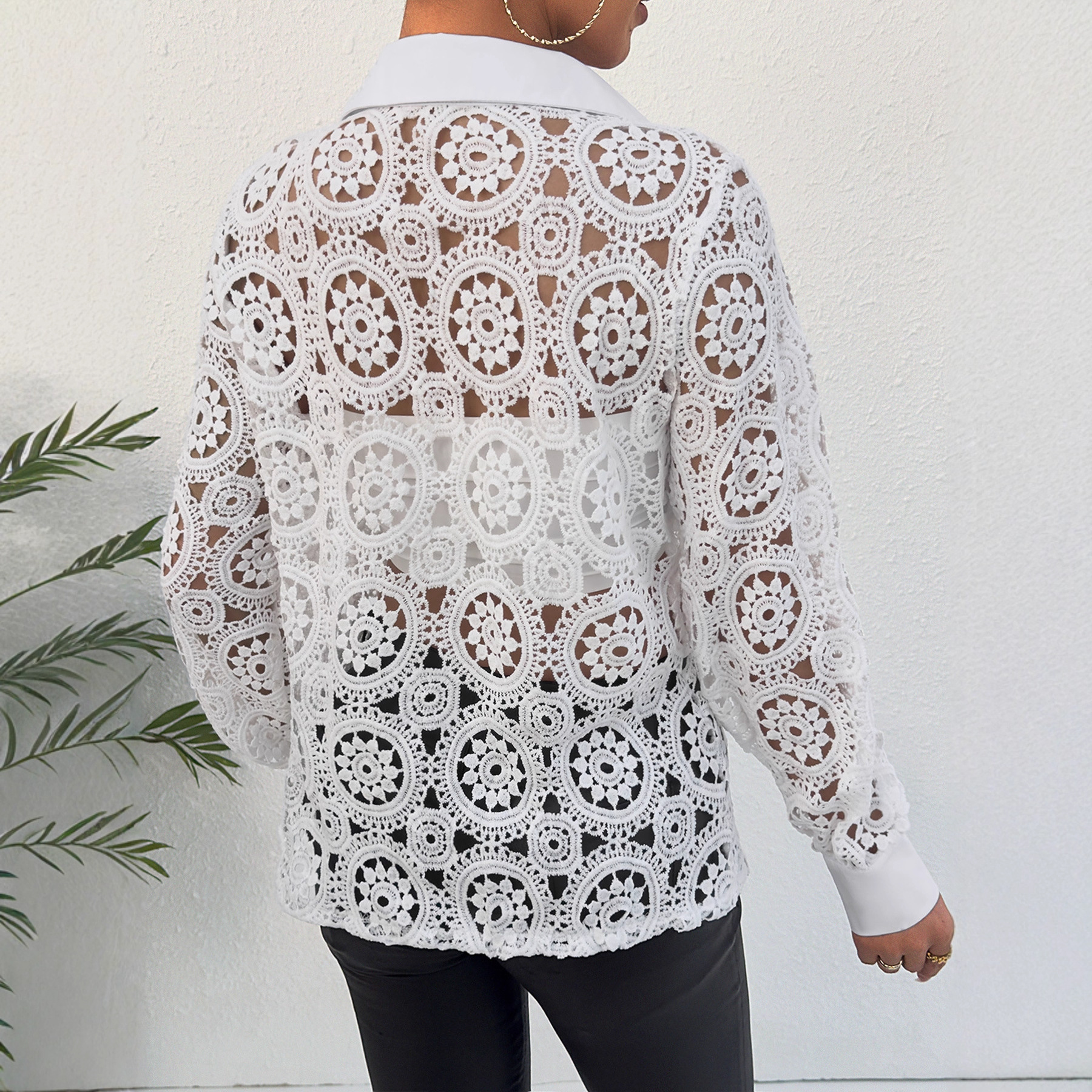 Women's Long Sleeve V Neck Lace Shirt Blouse Fashion Top_ecoleips.com