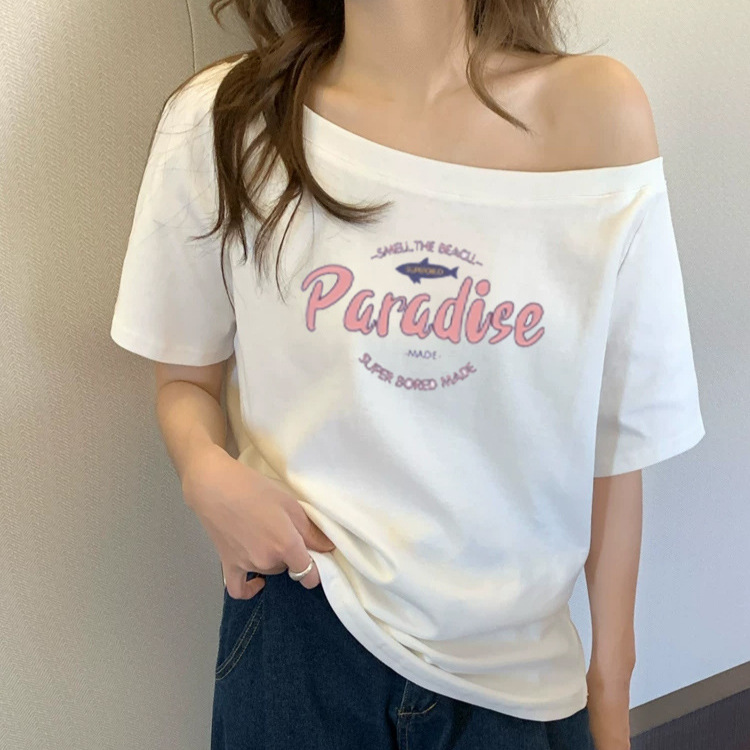 White One-Shoulder Off-Shoulder Short-Sleeved T-Shirt for Women, Summer Style, American Cartoon Letter Design, Casual Loose Top