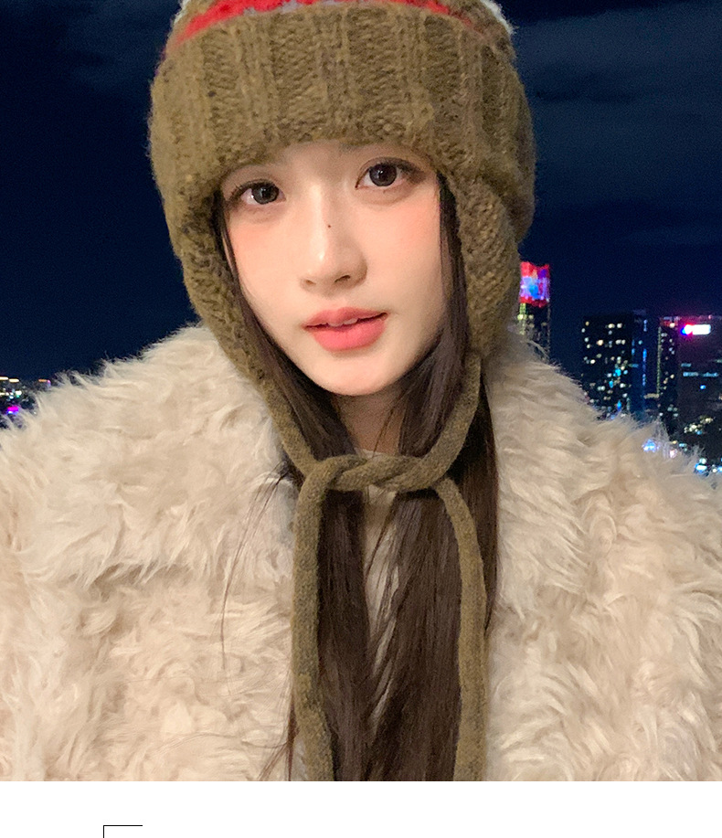 New Retro Fair Isle Style Warm Thickened Fleece-Lined Winter Knitted Hat, Cold-Proof Ear Protection, Tie-Up Wool Hat_voghion.com