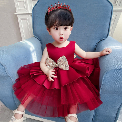 European and American New Children's Dress Princess Skirt First Birthday Baby Bow Candles Ball Gown Children Gown