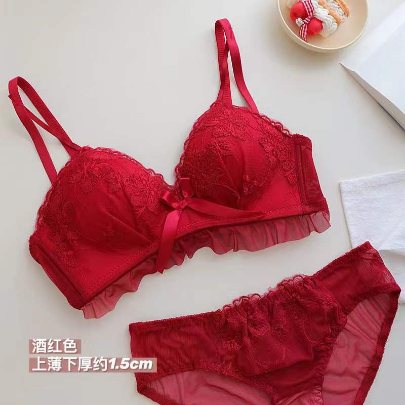 红色内衣大合集 结婚本命年喜庆法式小胸聚拢性感蕾丝文胸套装女-阿里巴巴