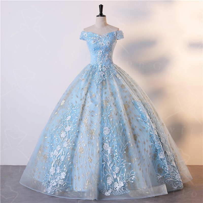 Foreign trade evening dress adult ceremony princess dress gown lace ball pettiskirt blue shiny sequined ball gown