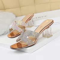 Han edition 838-1 daily female fashion cool slippers transparent with thick with delicate high-heeled hollow transparent diamond slippers