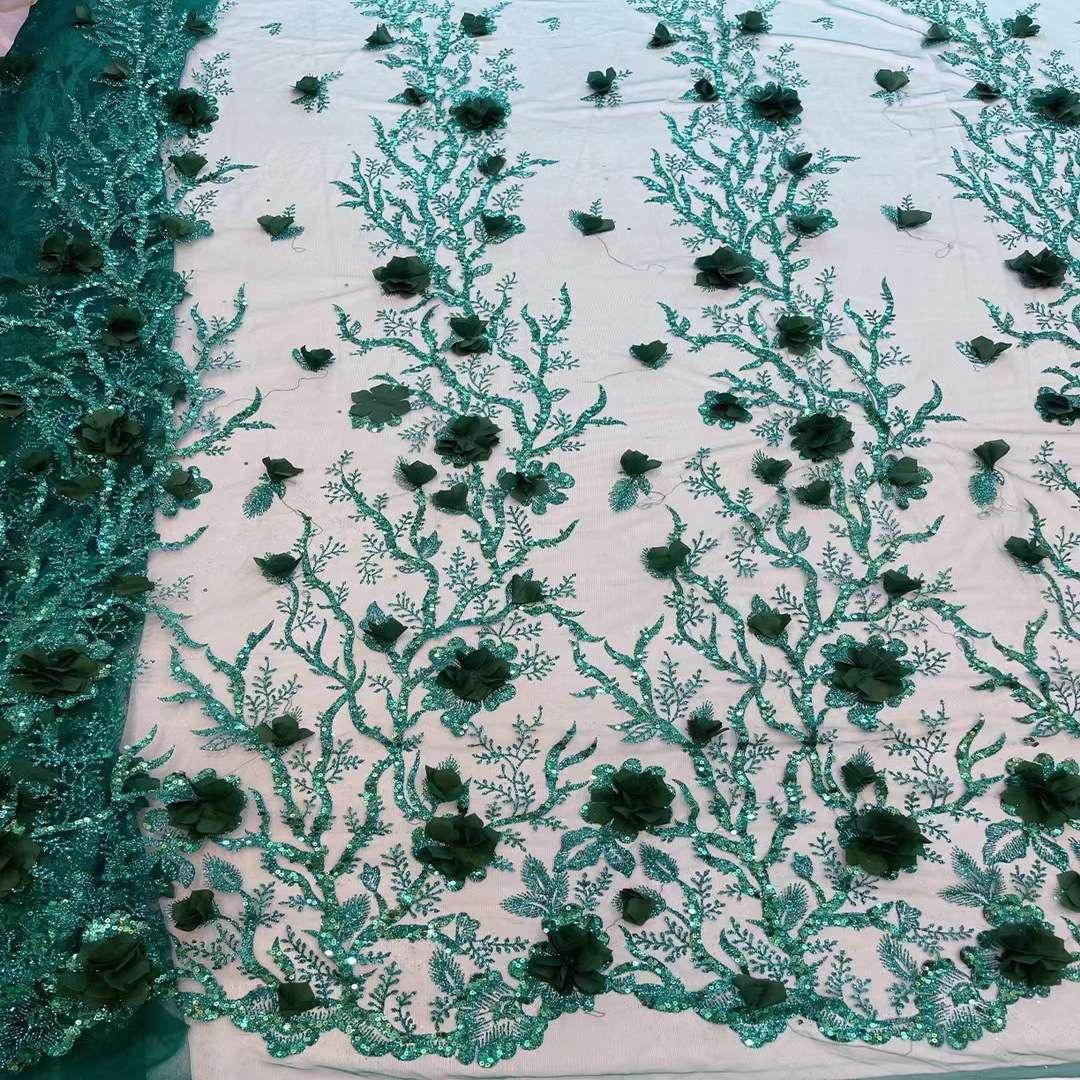 Vestido de novia de tela tridimensional flor lentejuelas posicionamiento bordado encaje europeo y americano malla bordado vestido de tela JX1914