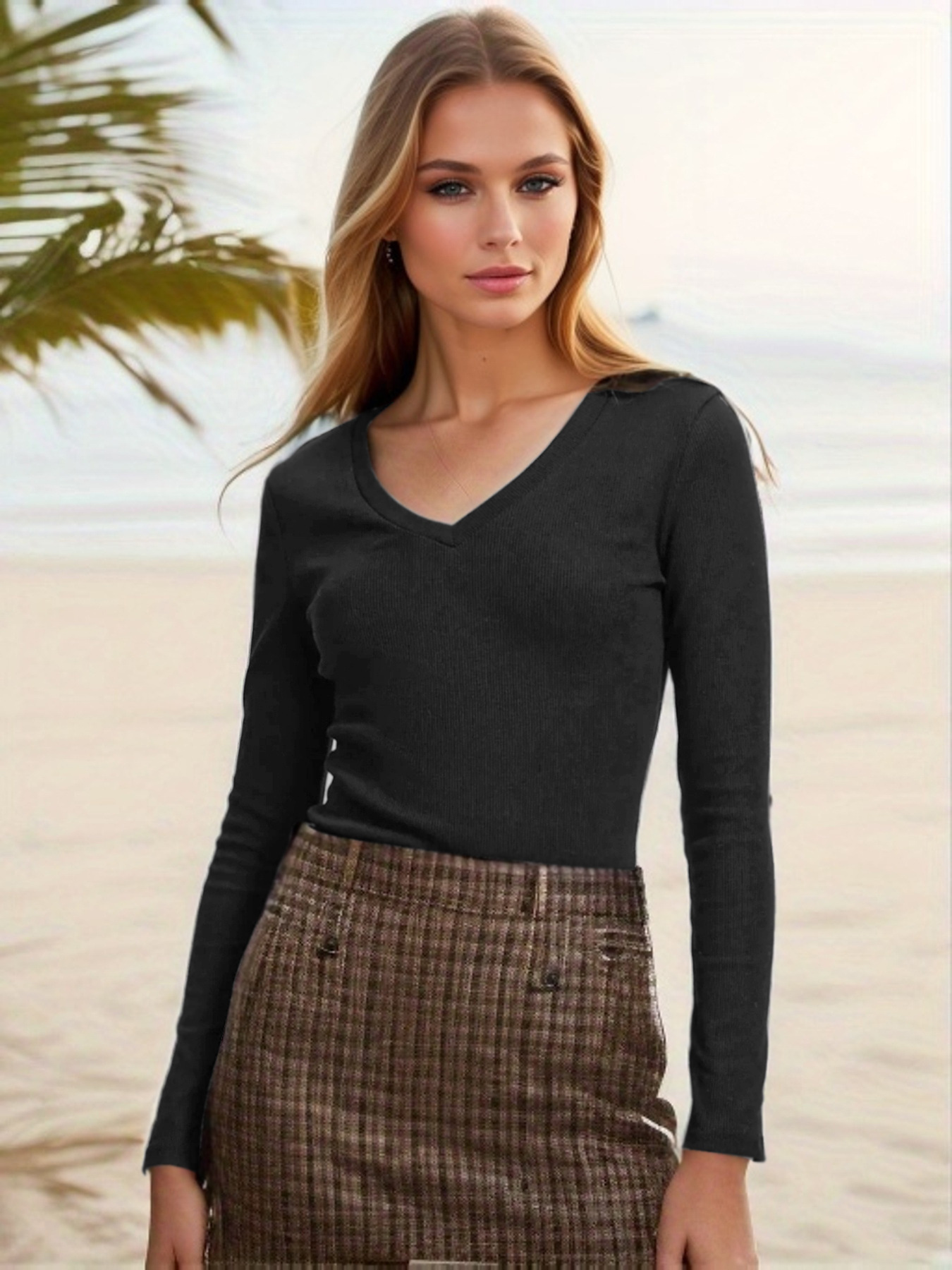 2024 otoño e invierno europeo y americano nuevo estilo transfronterizo de moda femenina de punto acanalado delgado con cuello en V manga larga tops de color sólido