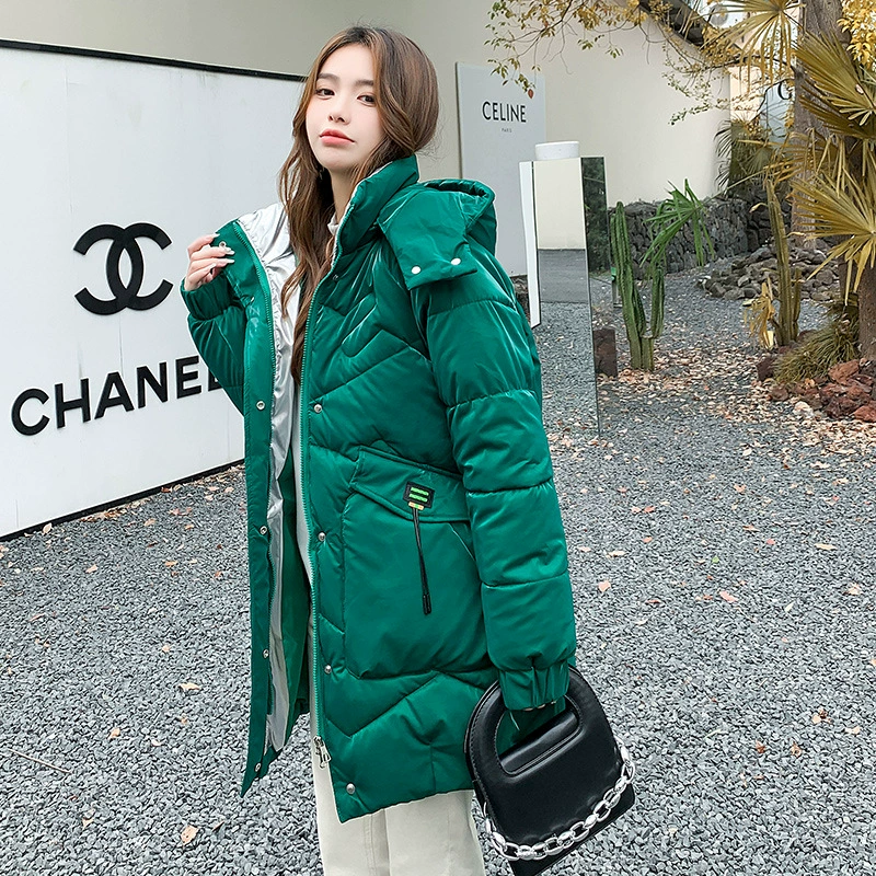 Long winter glossy fashionable down jacket with hood with down, mid-length, 2023, European style