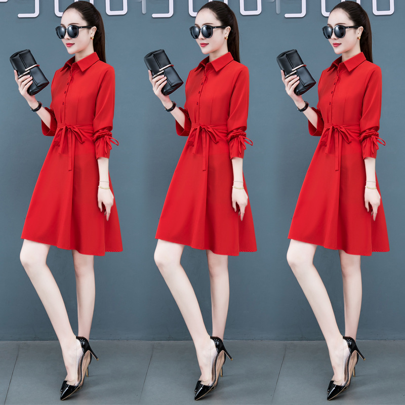连衣裙女2024春夏新款女装韩版时尚修身长袖中长款气质红色衬衫裙