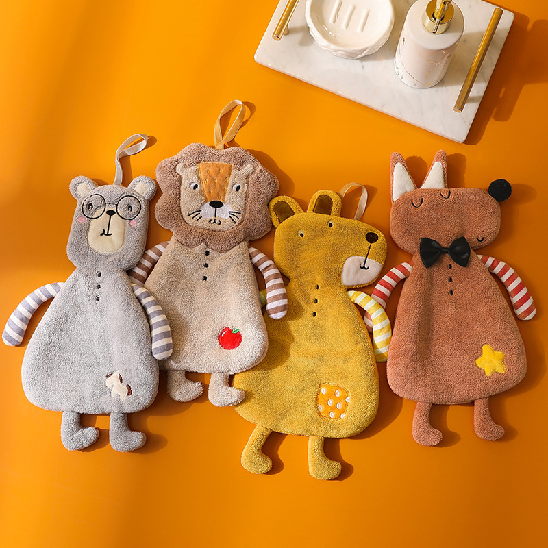 Cartoon Animal Shape Coral Fleece Towel Bathroom Hanging Absorbent Towel Kitchen Thickened Embroidered Square Towel Cross Border