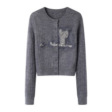 现货2025春新款简约风显瘦钉珠刺绣花针织开衫毛衣2J1E528