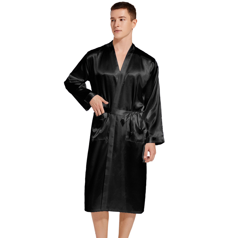 Cross-Border Spring and Summer Thin Imitation Silk European and American Style Home Robe, Large Size Loose Men's Long Cardigan Bathrobe, Light Luxury