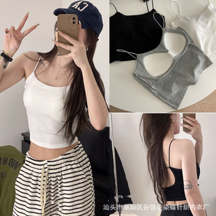 Sexy Thin Strap Beautiful Back Camisole for Women, Pure Cotton, Navel-Baring, Simple, Breathable, Bra-Free Bottoming Top with Breast Pads