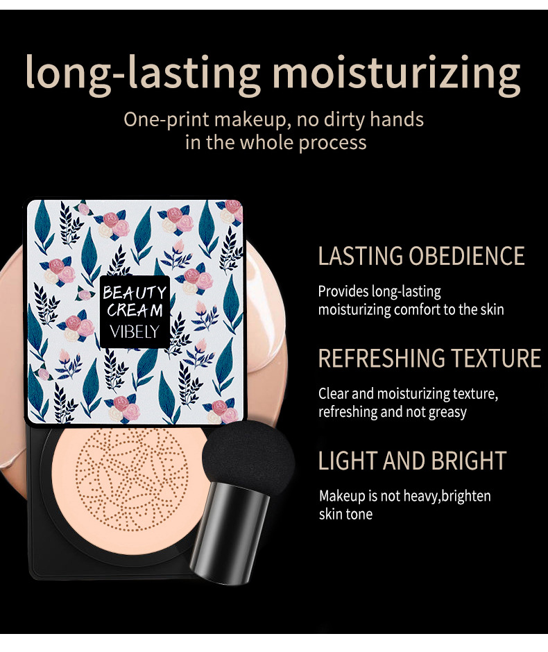 VIBELY Mushroom Head Cushion cc Cream is a light, brightening, non-smudging, concealing, dark circles and acne marks natural foundation undefined