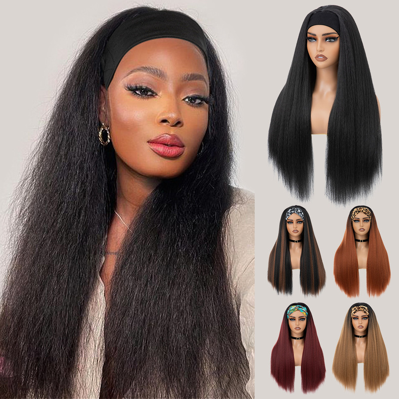 European and American Style Wig for Women, Yaki High-Temperature Fiber, Realistic Long Straight Hair, Fluffy Straight Wig, Half Wig with Headband