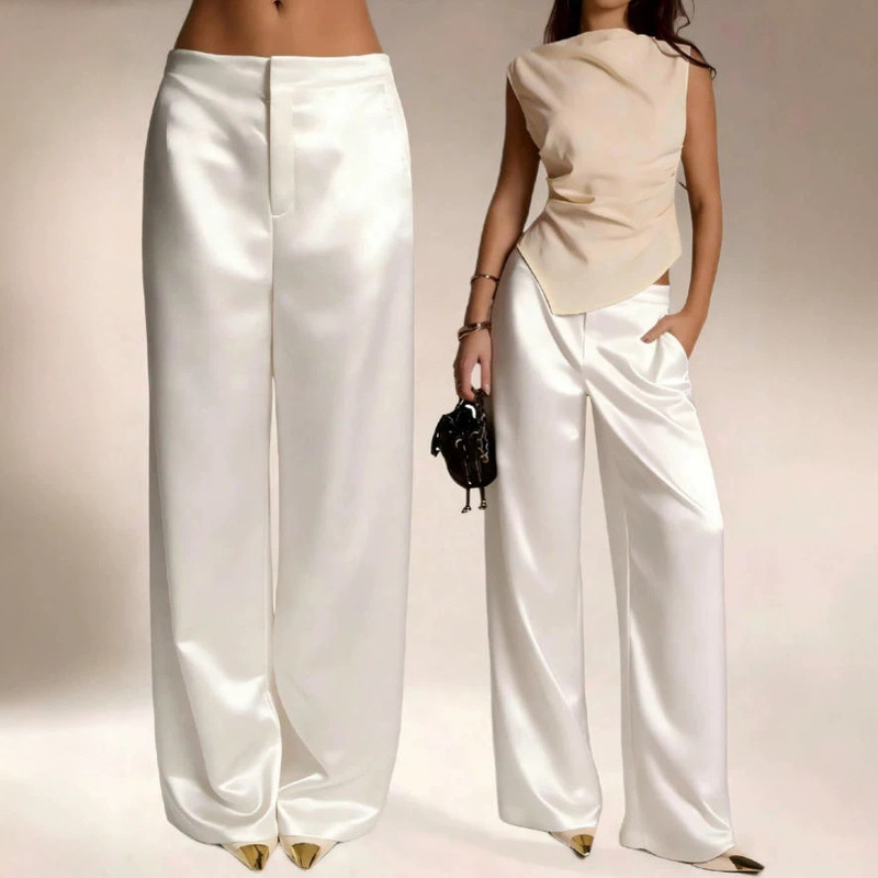Cross-Border Foreign Trade Women's Clothing, High-End Satin Solid Color Wide-Leg Pants, Drapey Slimming Workwear Style Long Pants Cross-Border Foreign Trade Women's Clothing, High-End Satin Solid Color Wide-Leg Pants, Drapey Slimming Workwear Style Long Pants