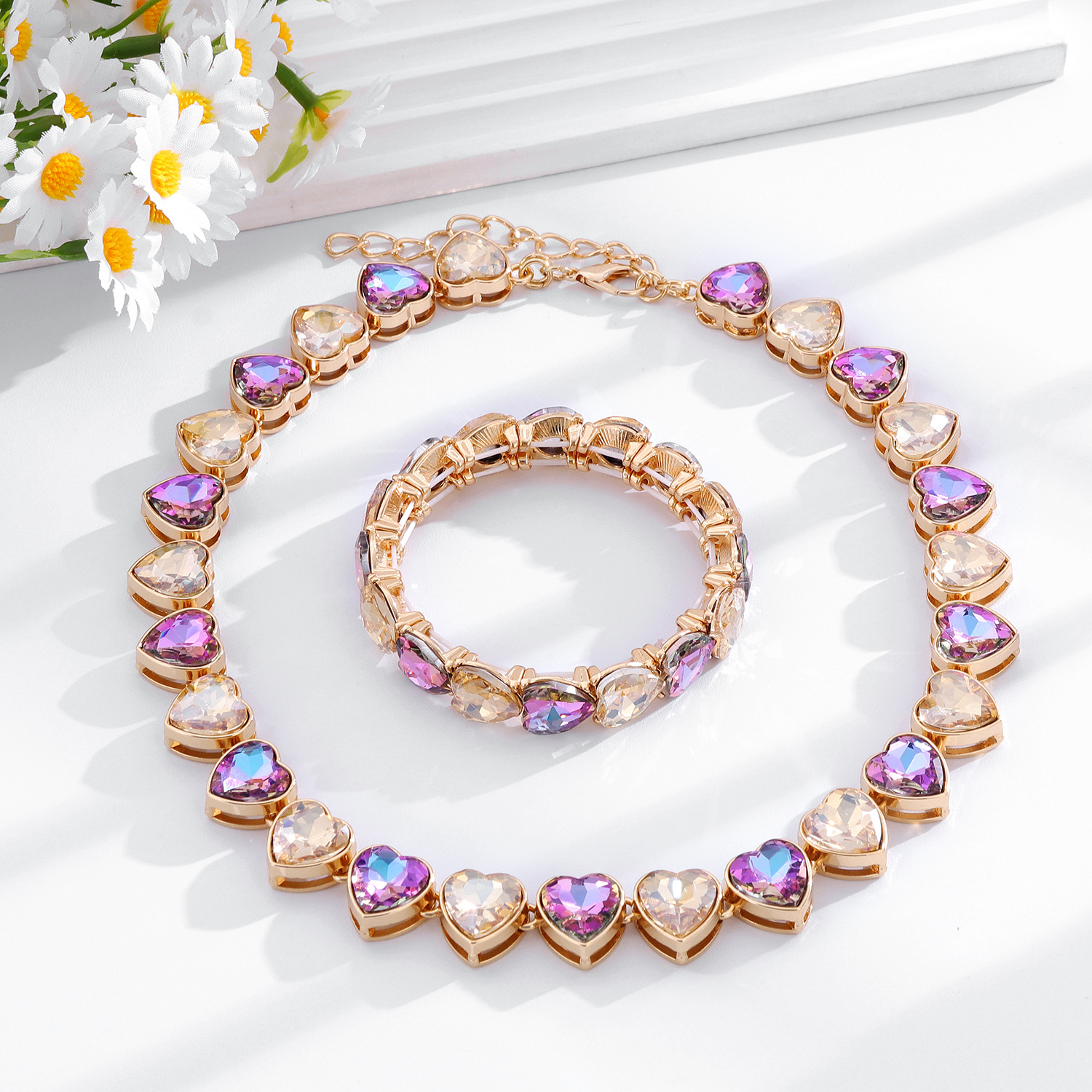 Fashionable versatile bracelet set with alloy colored glass and rhinestones, elegant necklace and bracelet set, fashionable gemstone bracelet wholesale