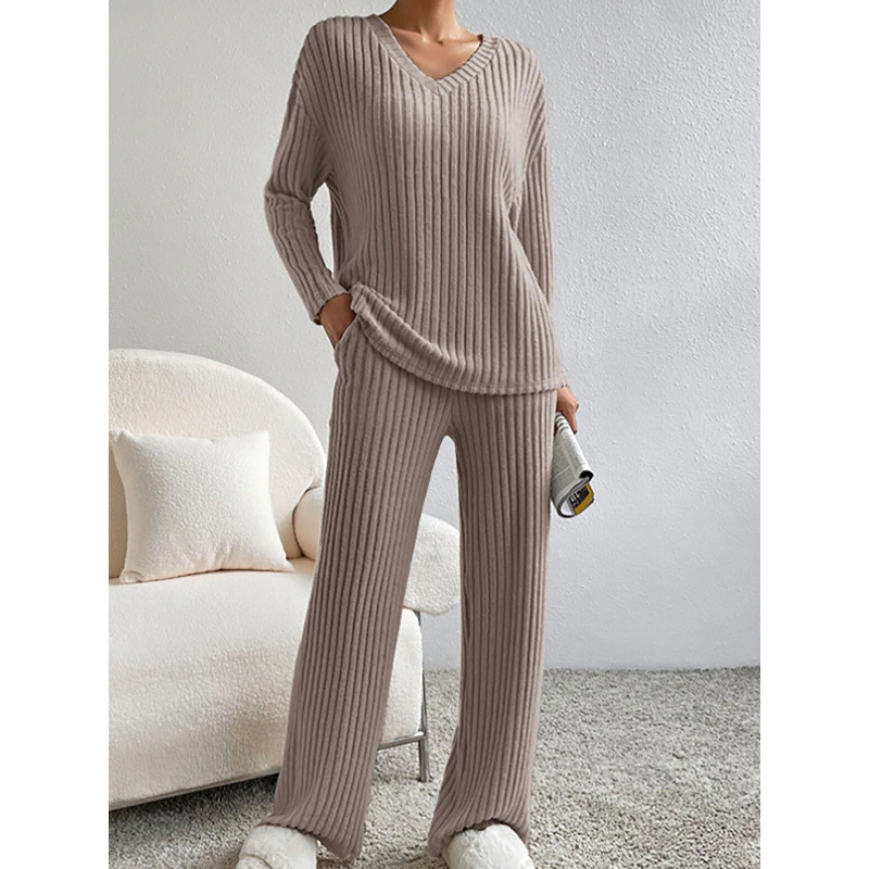 Cross-Border Two-Piece Set for Women, 2025 Autumn New Fashion Casual Straight-Leg Pants, Stylish Loose V-Neck Ribbed Knit Set Cross-Border Two-Piece Set for Women, 2025 Autumn New Fashion Casual Straight-Leg Pants, Stylish Loose V-Neck Ribbed Knit Set