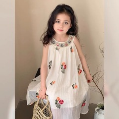 連衣裙女童2024夏季掛脖民族風刺繡裙子背心紗裙兒童公主裙跨境