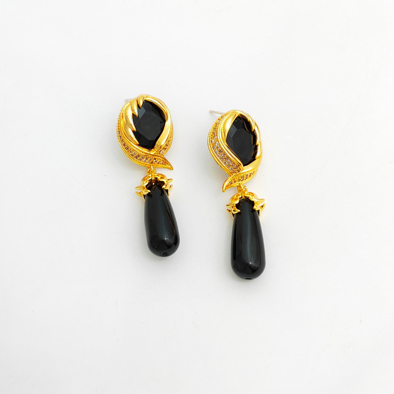 Retro Geometric Copper Inlay Resin Glass Zircon Drop Earrings 1 Pair