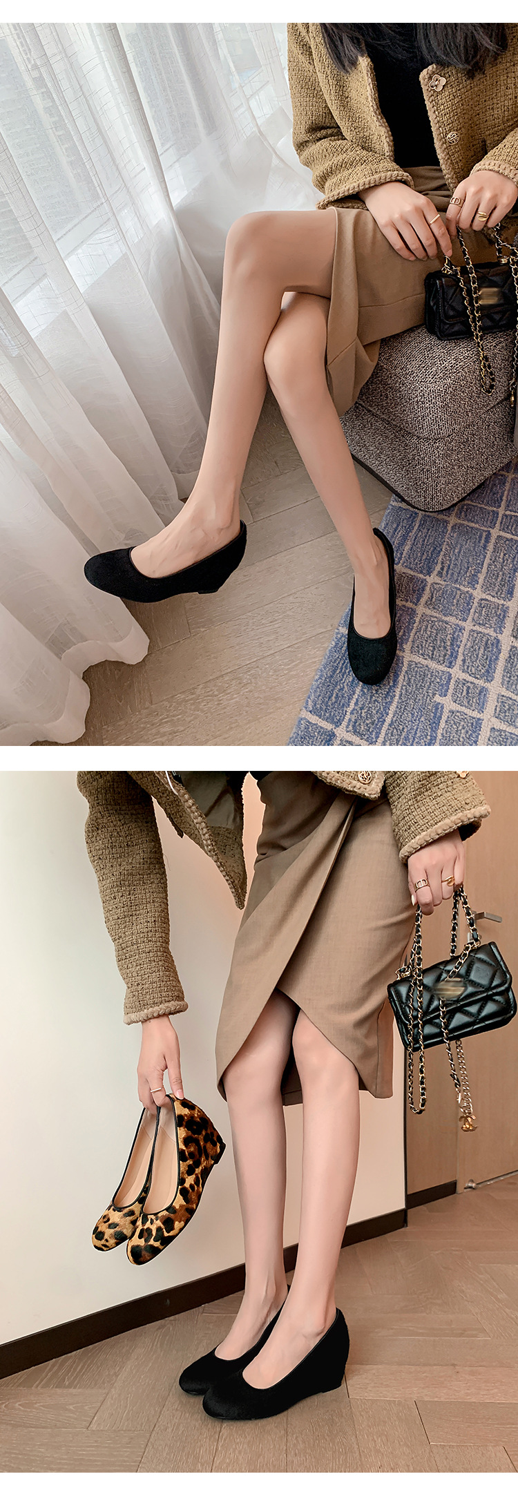 Giày cao gót nữ đế xuồng platform da bò họa tiết da báo, mũi tròn, dáng slip-on, gót ước lượng 6-8 cm — màu đen chi tiết 20