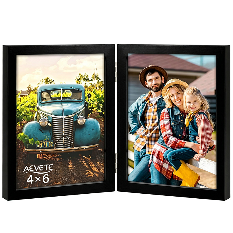 Black Hinged Double Photo Frame 4×6 Inch Folding Double Display Stand MDF Board with Metal Hinges Customized