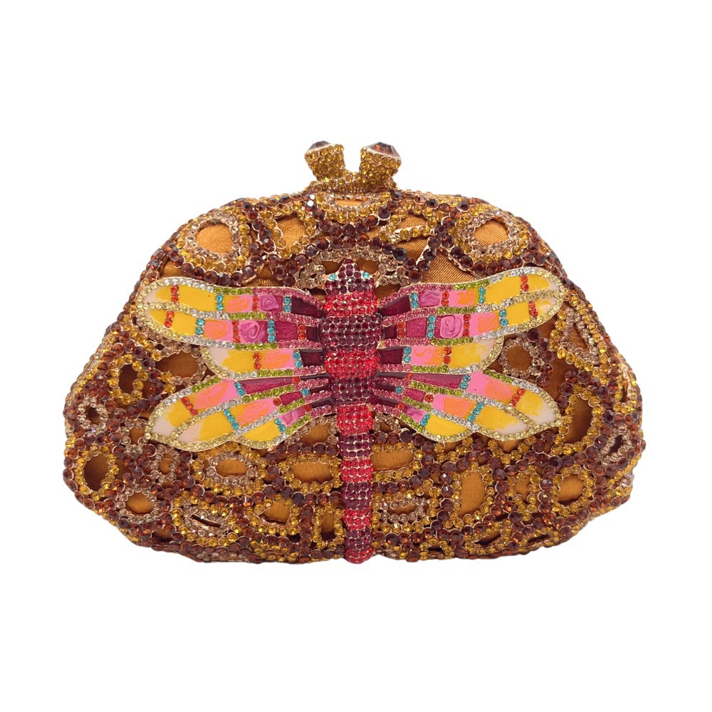 Túi clutch dạ tiệc đính đá thủ công họa tiết chuồn chuồn — Màu tím hồng, Vàng cà phê, Đen xám bạc, Màu xanh lục