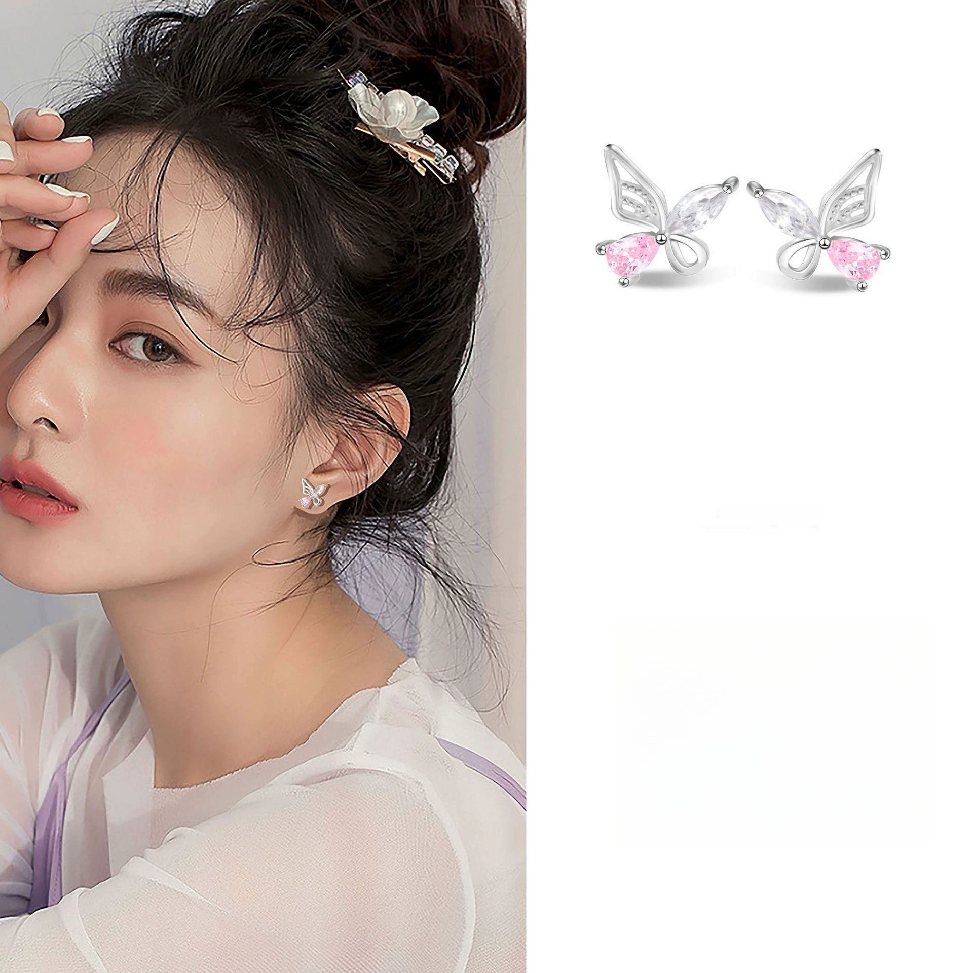 Small cute fuchsia elegant earrings with butterfly, fresh constructor