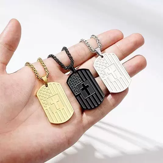 跨境美国国旗十字架项链不锈钢军牌吊坠亚马逊速卖通新品黑色金色