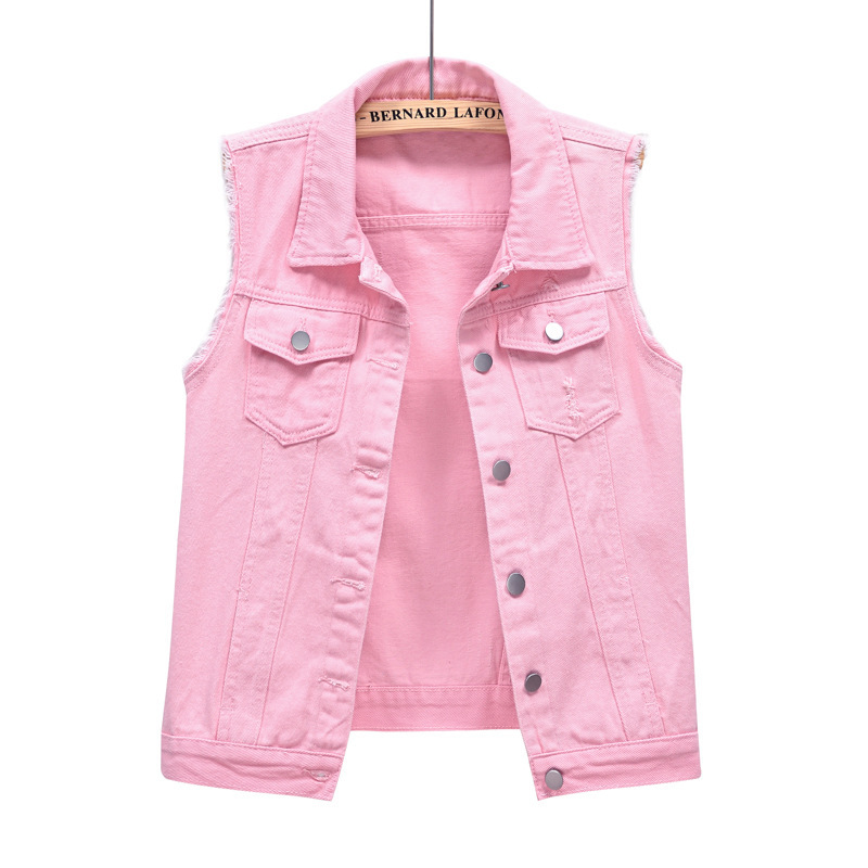 Multicolor Denim Vest Women's Short Spring and Summer Slim Fit Pink Raw Edge Sleeveless Waistcoat Ripped Vest Top