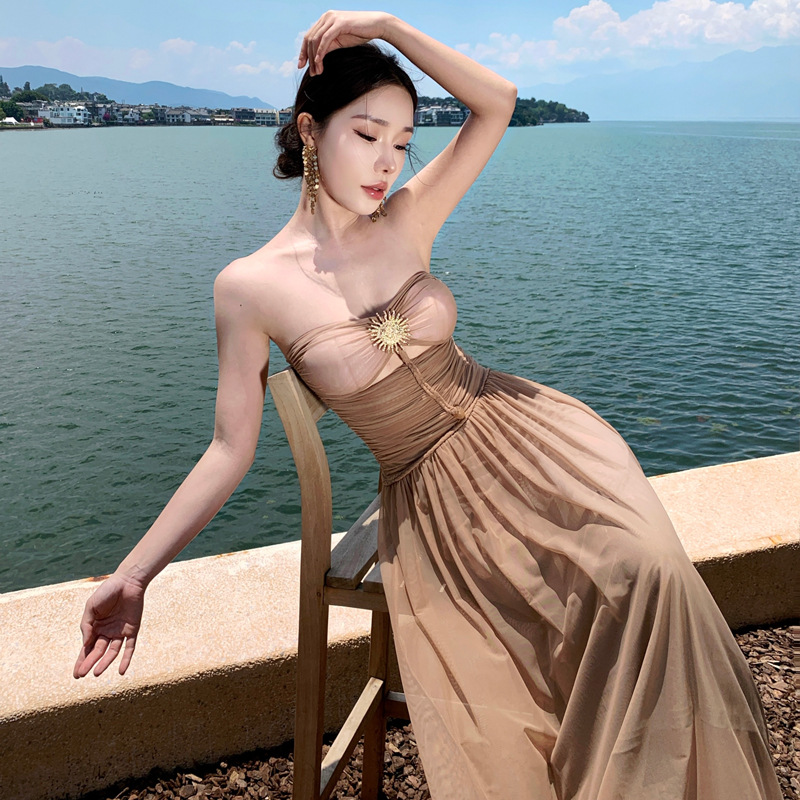 2025 New Greek Goddess Temperament Sexy Tube Top Sexy Dress Braided Rope Waist Slimming Look Long Skirt