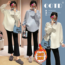 孕妇卫衣秋冬季中长款时尚假两件衬衫领遮肚子减龄加绒弧形上衣厚