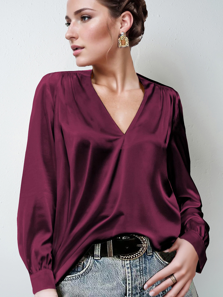 Camisa de satén plisada de manga larga con cuello en V para mujer, estilo casual y holgado, ideal para el día a día, éxito de ventas en Amazon 2026
