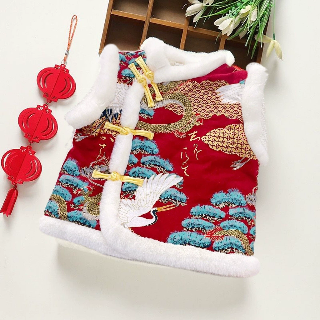 Новогодний наряд для мальчиков: традиционный китайский жилет в стиле Тан для девочек и детей, новогодняя одежда для малышей 2024 года, хлопковый зимний жилет красного цвета.