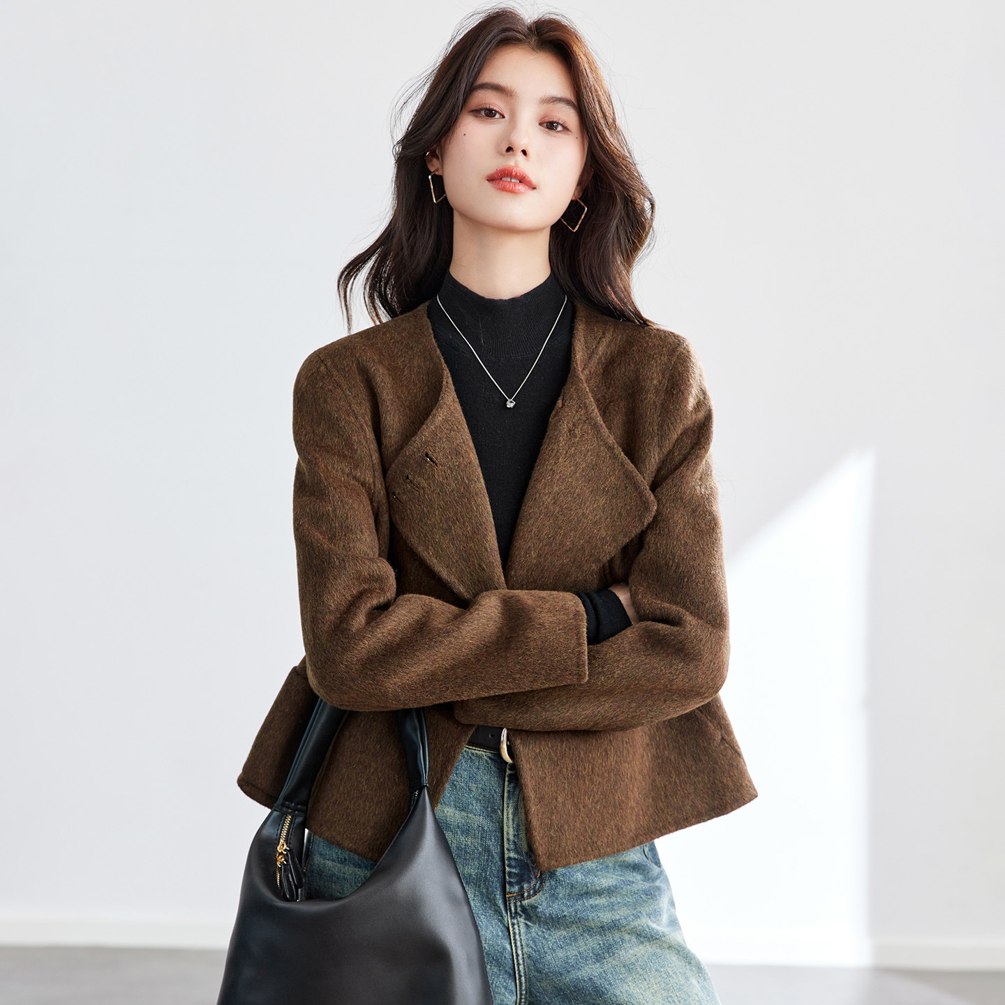 Brown Double-Sided Woolen Short Coat for Women, 2025 Autumn and Winter New Style, Petite Top, Single-Button Woolen Coat