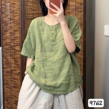 2026夏季新款亚麻短袖衬衫女宽松圆领简约文艺复古开扣上衣9762