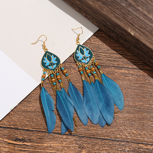 Cross-border E-commerce Supply Bohemian Feather Long Drop Earrings Personalized Chain Tassel Earring Hook Red Bridal Earrings